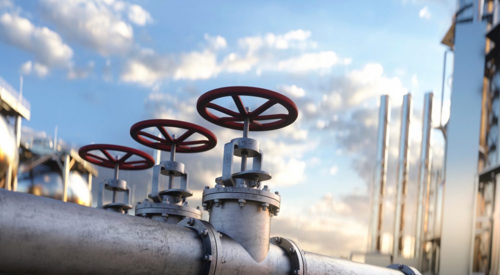 Natural gas pipeline in a refinery 3d render Large industrial gas pipelines in a modern refinery at sunrise 3d render